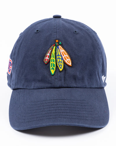 navy '47 brand adjustable cap with Chicago Blackhawks four feathers logo embroidered on front and UIC logo on right side - front lay flat