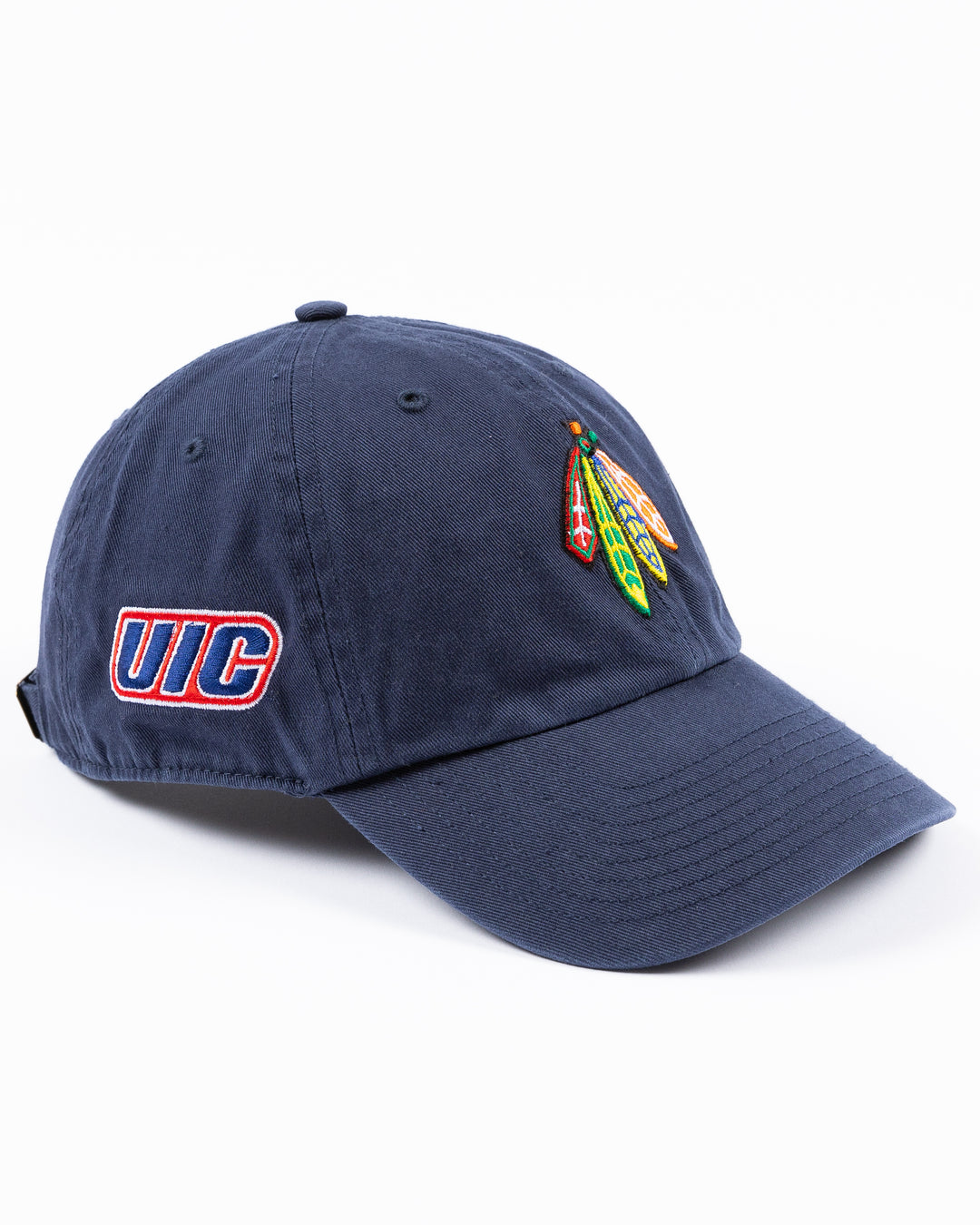 navy '47 brand adjustable cap with Chicago Blackhawks four feathers logo embroidered on front and UIC logo on right side - right angle lay flat