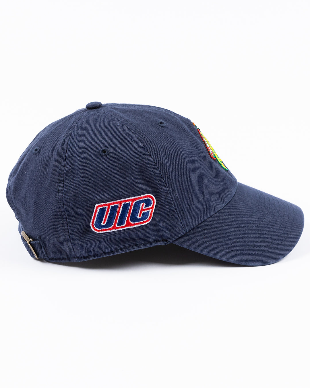 navy '47 brand adjustable cap with Chicago Blackhawks four feathers logo embroidered on front and UIC logo on right side - right side lay flat