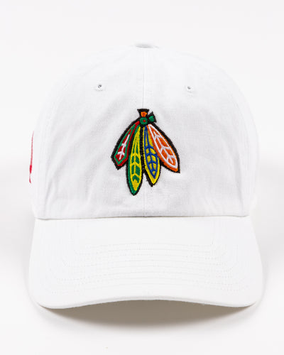 white '47 brand adjustable hat with Chicago Blackhawks four feathers logo and Indiana University logo - front lay flat