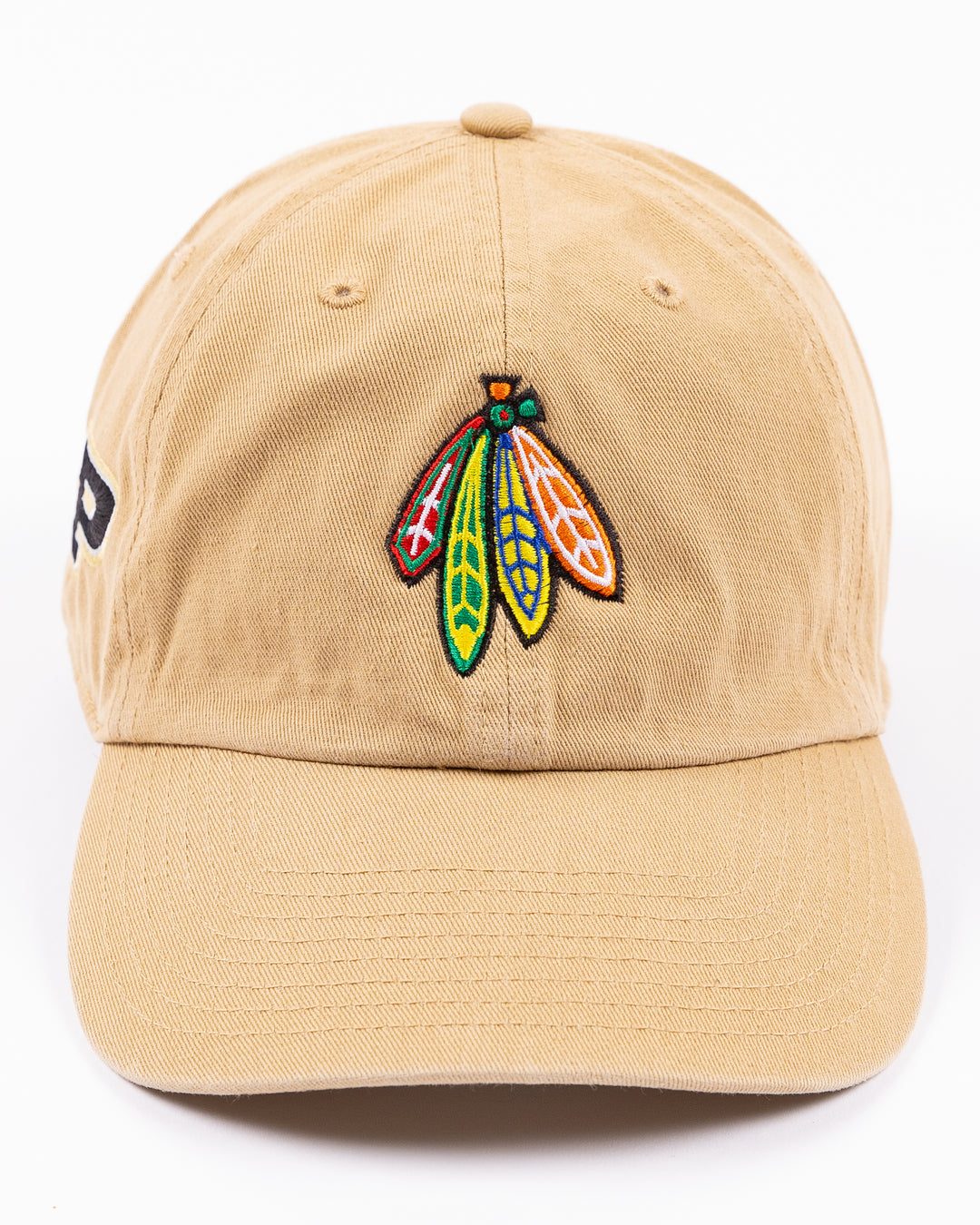 khaki '47 brand adjustable cap with Chicago Blackhawks four feathers logo embroidered on front and Purdue University logo embroidered on right side - front lay flat