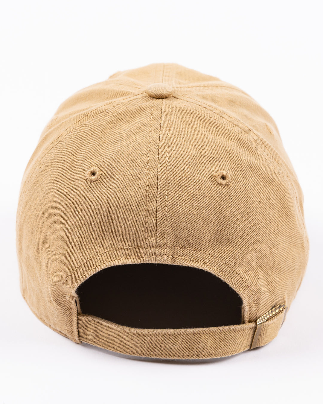 khaki '47 brand adjustable cap with Chicago Blackhawks four feathers logo embroidered on front and Purdue University logo embroidered on right side - back lay flat