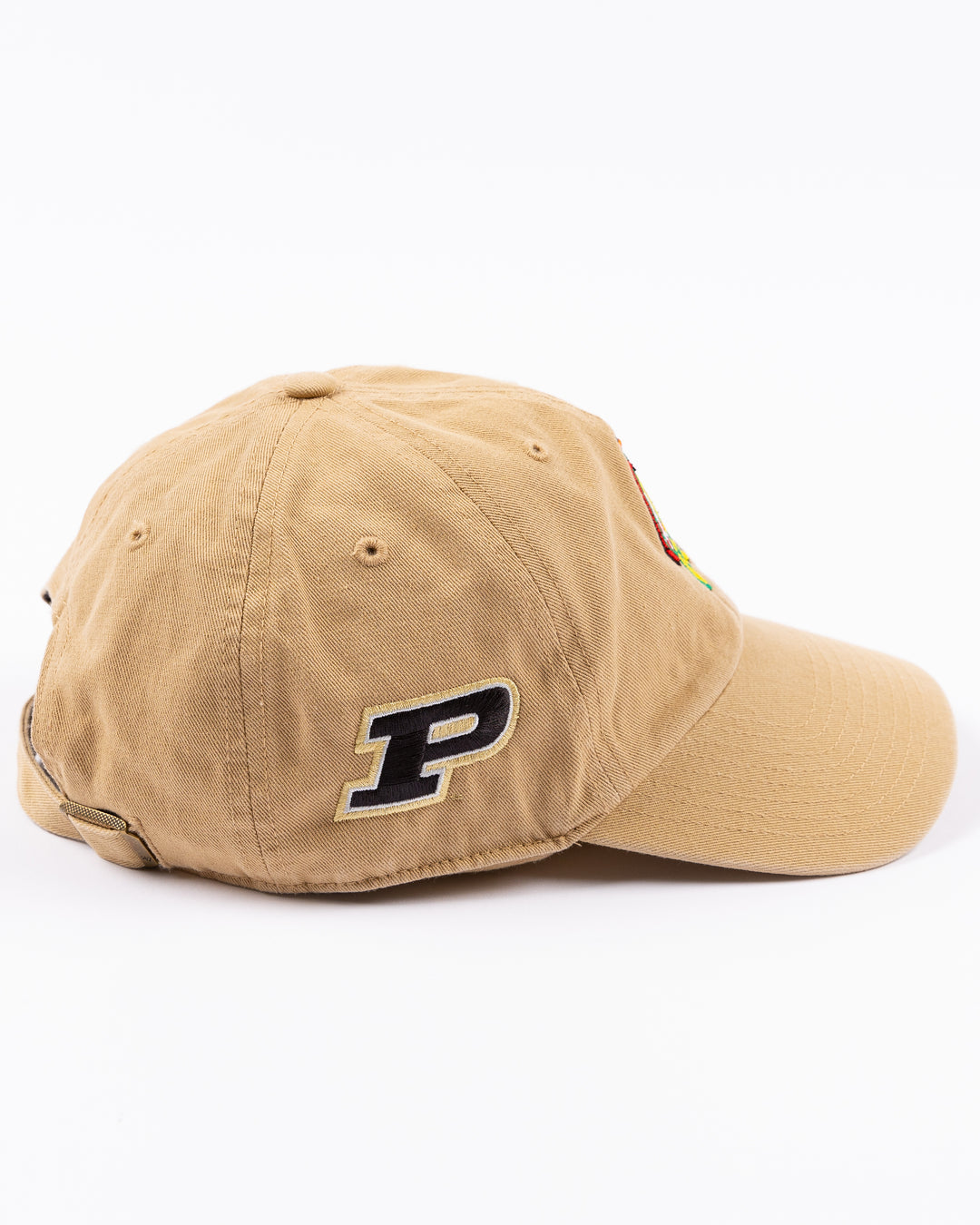 khaki '47 brand adjustable cap with Chicago Blackhawks four feathers logo embroidered on front and Purdue University logo embroidered on right side - right side lay flat