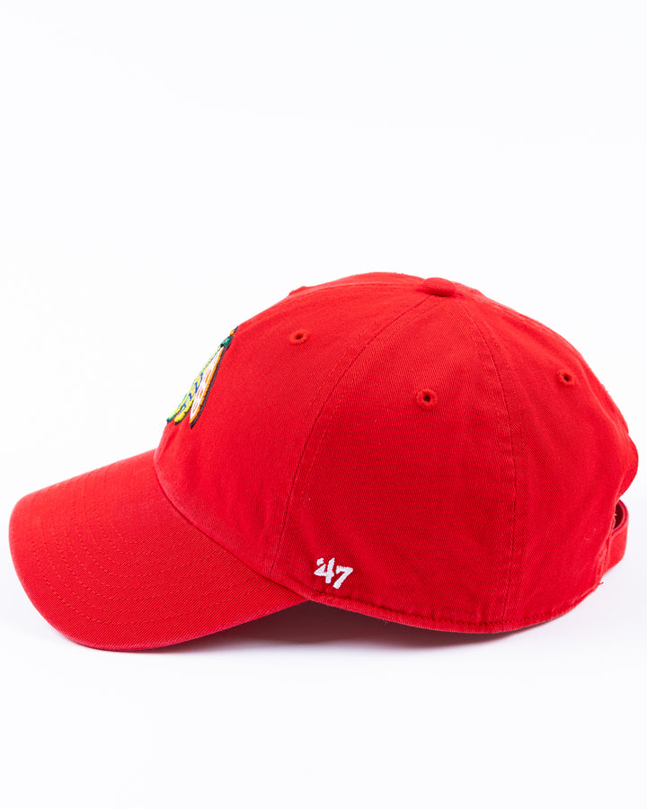 red '47 brand adjustable cap with Chicago Blackhawks four feathers logo on front and University of Wisconsin Madison logo on right side - left side lay flat