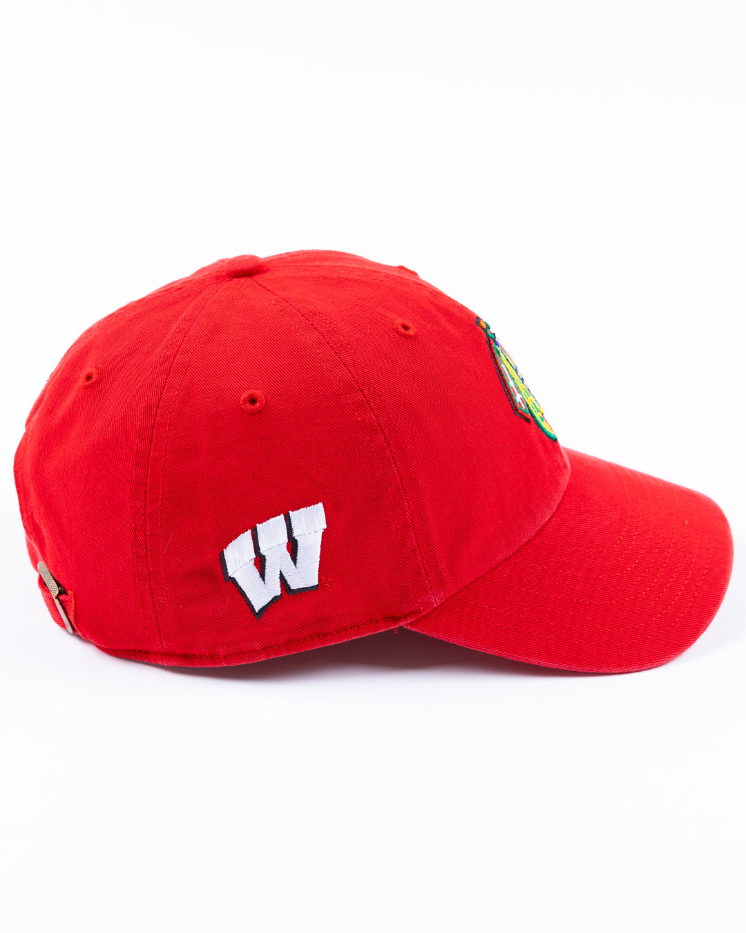 red '47 brand adjustable cap with Chicago Blackhawks four feathers logo on front and University of Wisconsin Madison logo on right side - right side lay flat