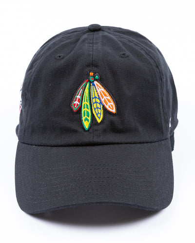 black '47 brand adjustable cap with Chicago Blackhawks four feathers embroidered on front and NIU logo embroidered on right side - front lay flat