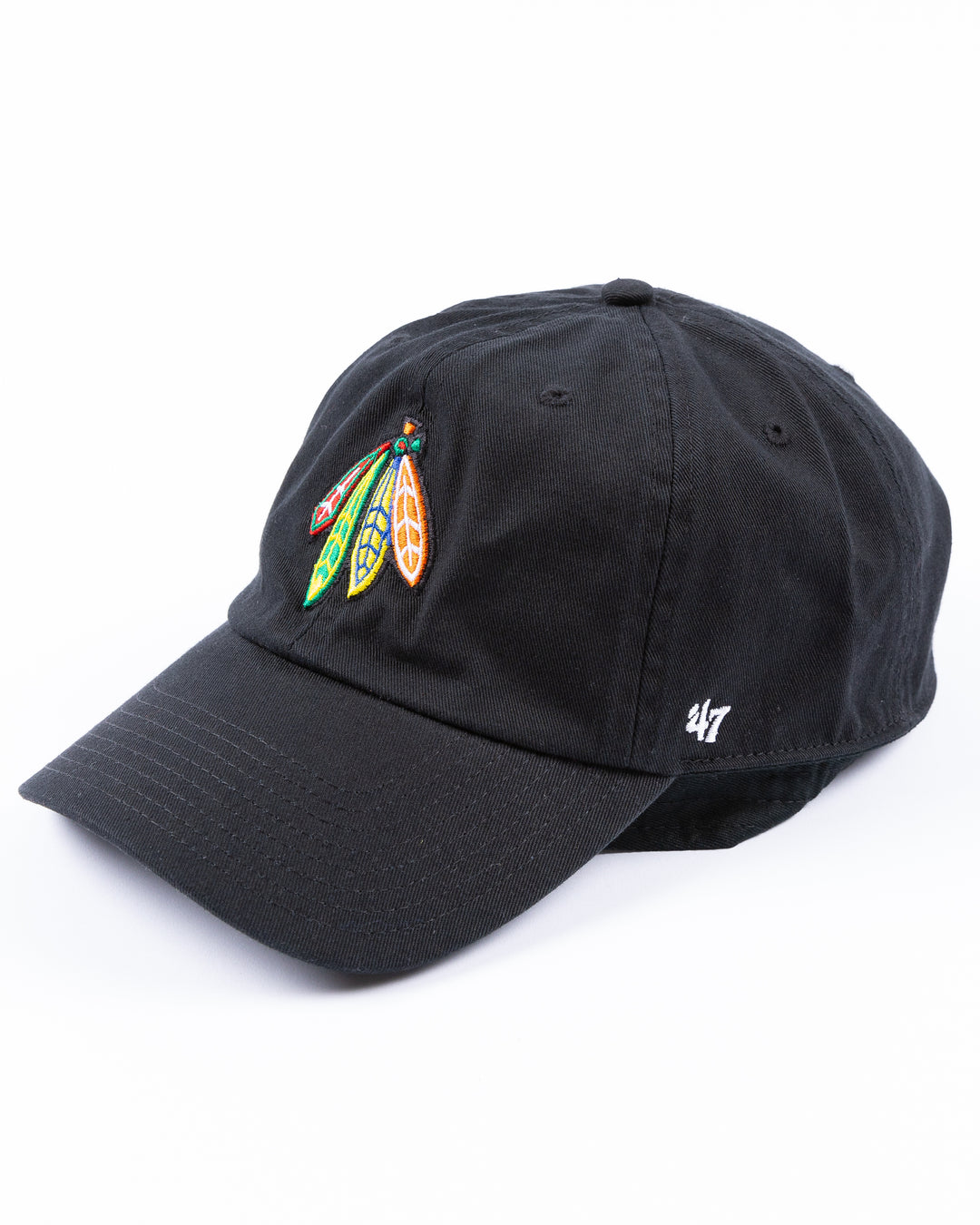 black '47 brand adjustable cap with Chicago Blackhawks four feathers embroidered on front and NIU logo embroidered on right side - left angle lay flat