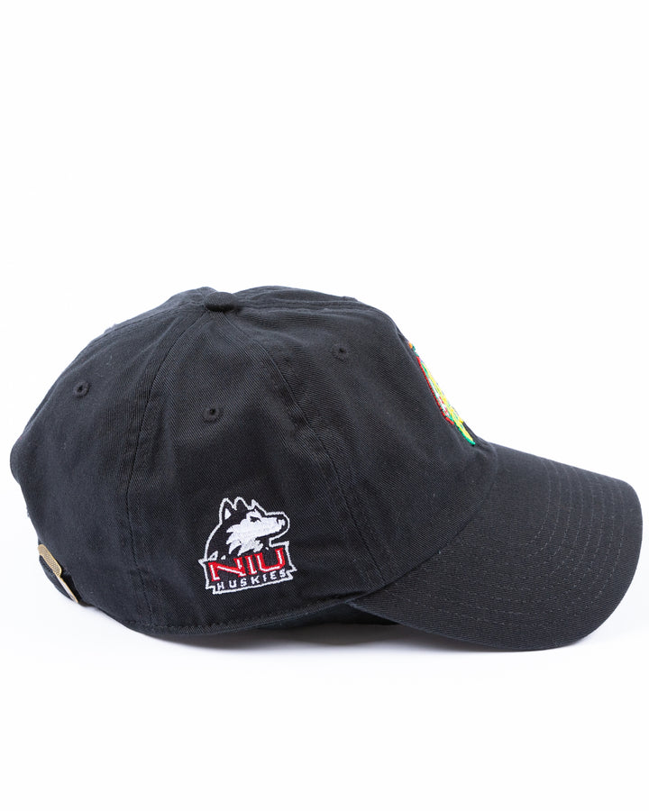 black '47 brand adjustable cap with Chicago Blackhawks four feathers embroidered on front and NIU logo embroidered on right side - right side lay flat