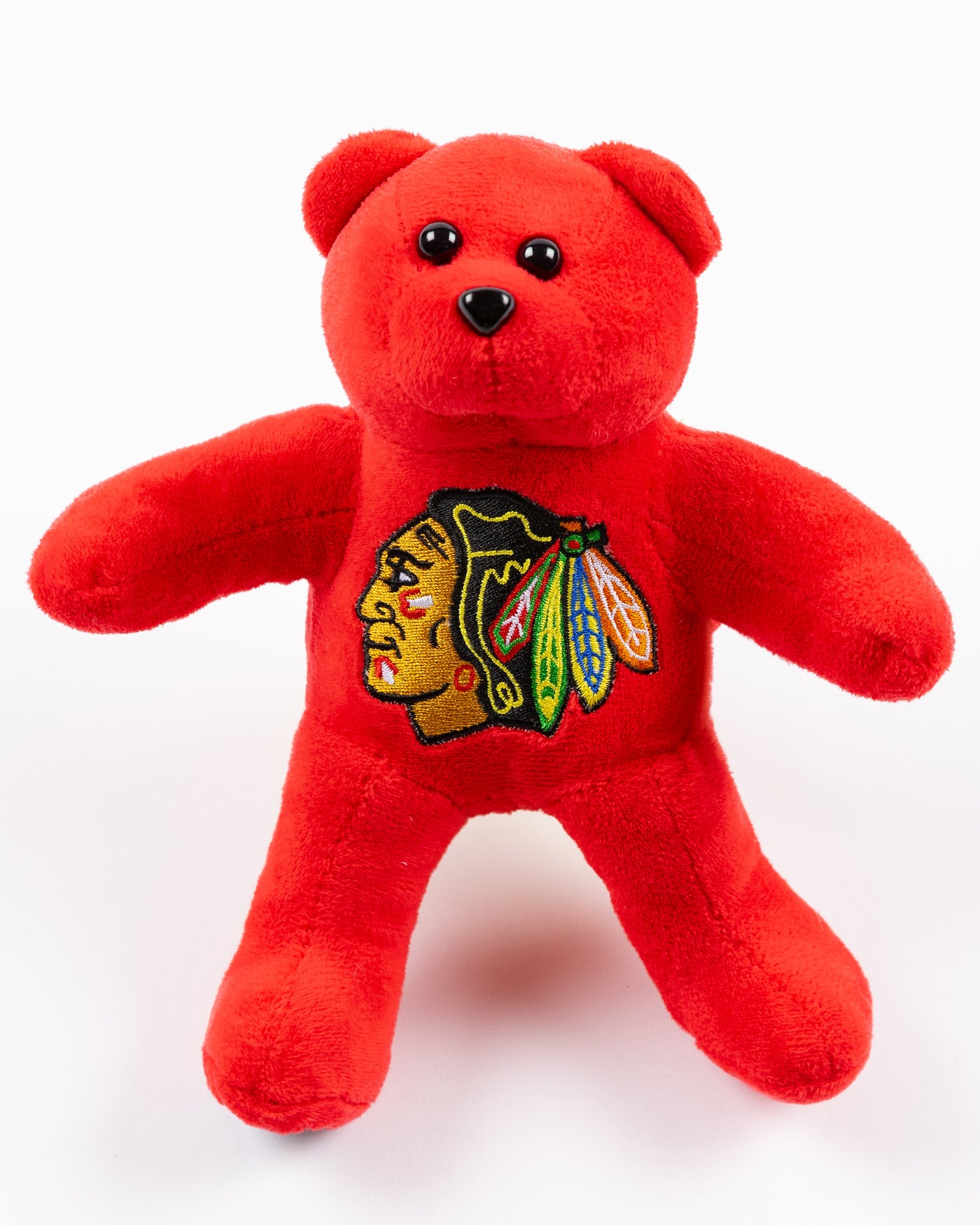 small red plush bear with embroidered Chicago Blackhawks primary logo on front - front lay flat