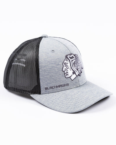 grey '47 brand trucker cap with embroidered tonal Chicago Blackhawks primary logo on front - right angle lay flat