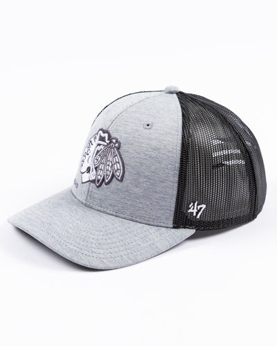 grey '47 brand trucker cap with embroidered tonal Chicago Blackhawks primary logo on front - left angle lay flat