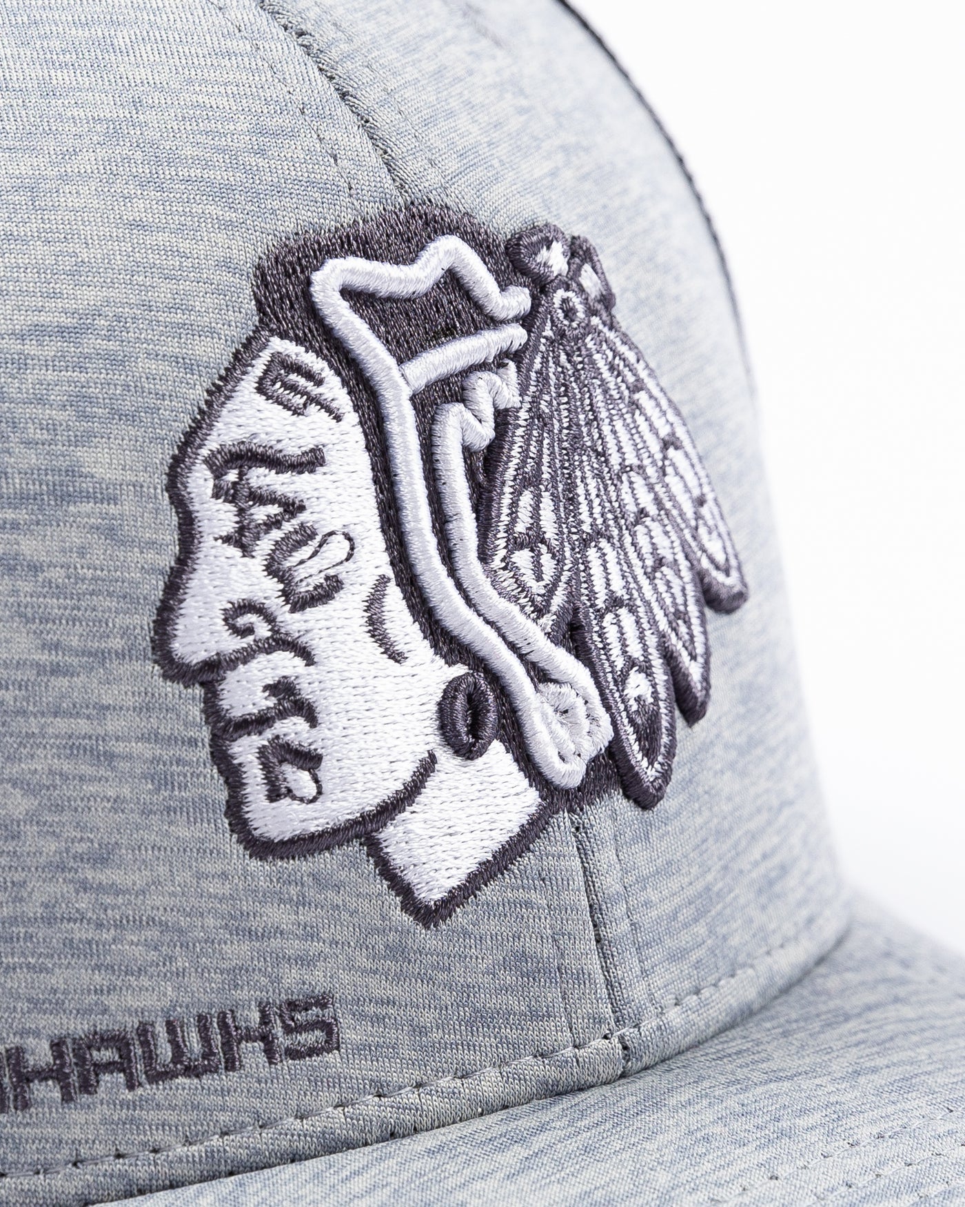 grey '47 brand trucker cap with embroidered tonal Chicago Blackhawks primary logo on front - detail lay flat