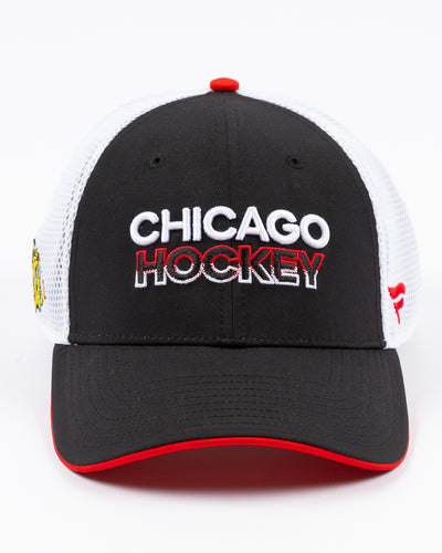 black and white Fanatics trucker with Chicago Hockey wordmark embroidered on front and Chicago Blackhawks primary logo embroidered on right side - front lay flat