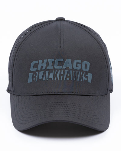 black CCM adjustable lightweight breathable cap with Chicago Blackhawks wordmark on front and tonal primary logo on left side - front lay flat