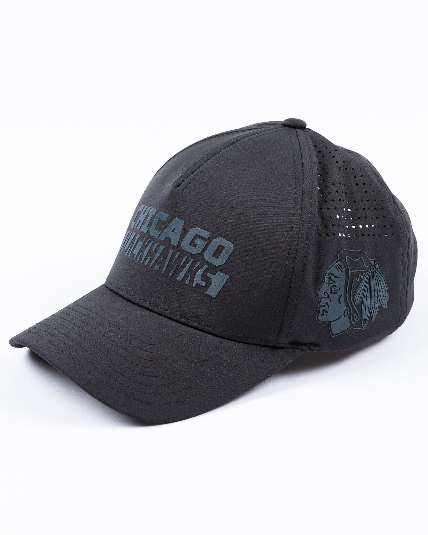 black CCM adjustable lightweight breathable cap with Chicago Blackhawks wordmark on front and tonal primary logo on left side - left angle lay flat