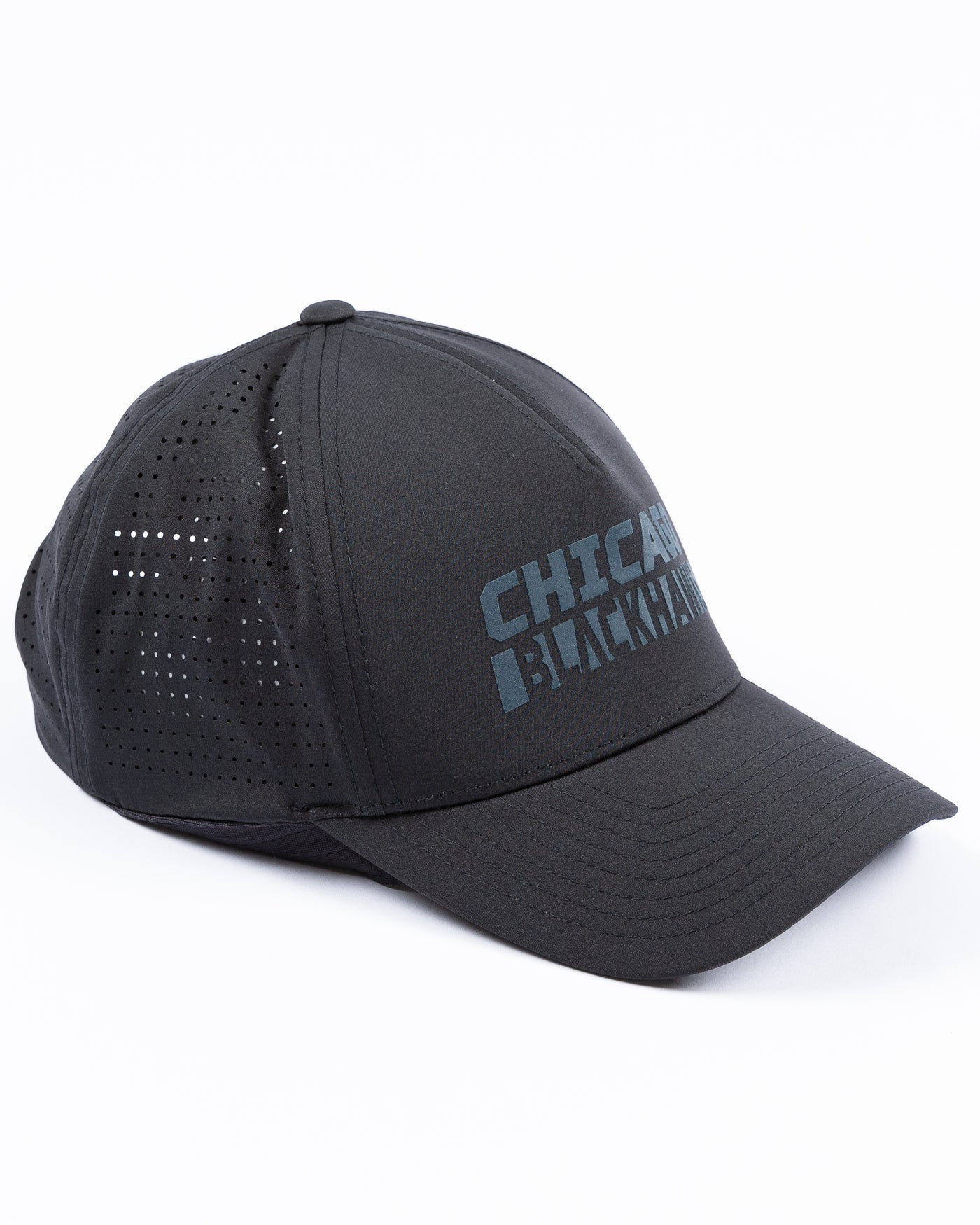black CCM adjustable lightweight breathable cap with Chicago Blackhawks wordmark on front and tonal primary logo on left side - right angle lay flat