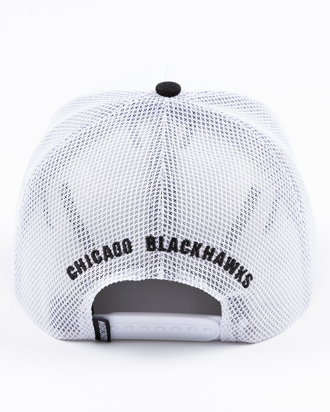 two tone black and white Gongshow trucker hat with rope detail and Chicago Blackhawks primary logo embroidered on the front - back lay flat