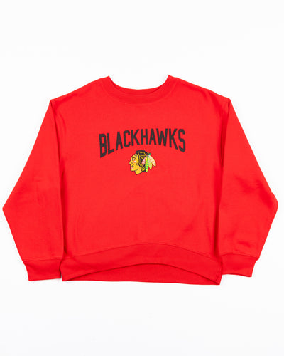 red chicka-d crewneck with Chicago Blackhawks wordmark and primary logo across front - front lay flat
