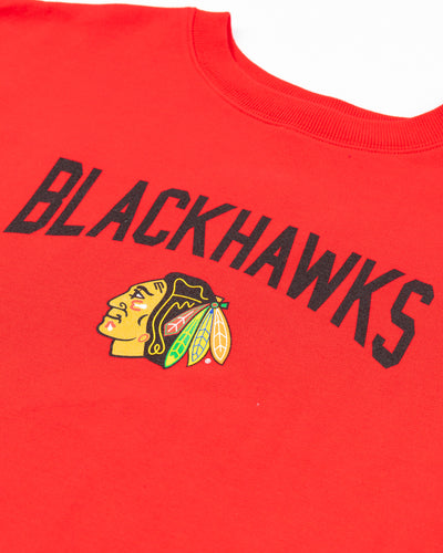 red chicka-d crewneck with Chicago Blackhawks wordmark and primary logo across front - detail lay flat