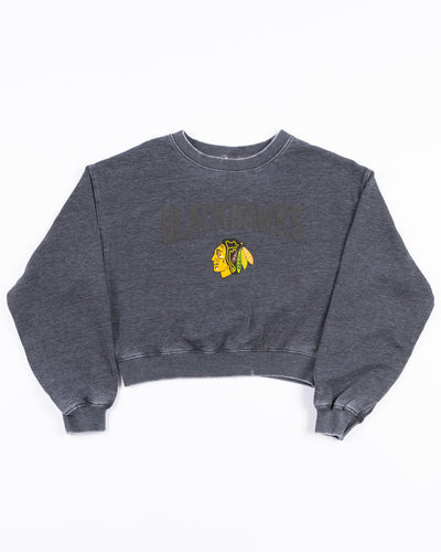 grey cropped chicka-d crewneck sweater with Chicago Blackhawks wordmark and primary logo across chest - front lay flat