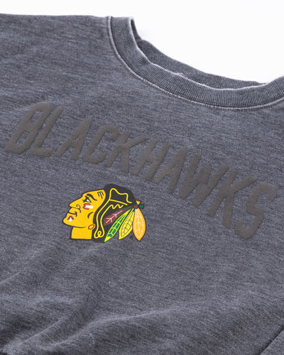 grey cropped chicka-d crewneck sweater with Chicago Blackhawks wordmark and primary logo across chest - detail lay flat