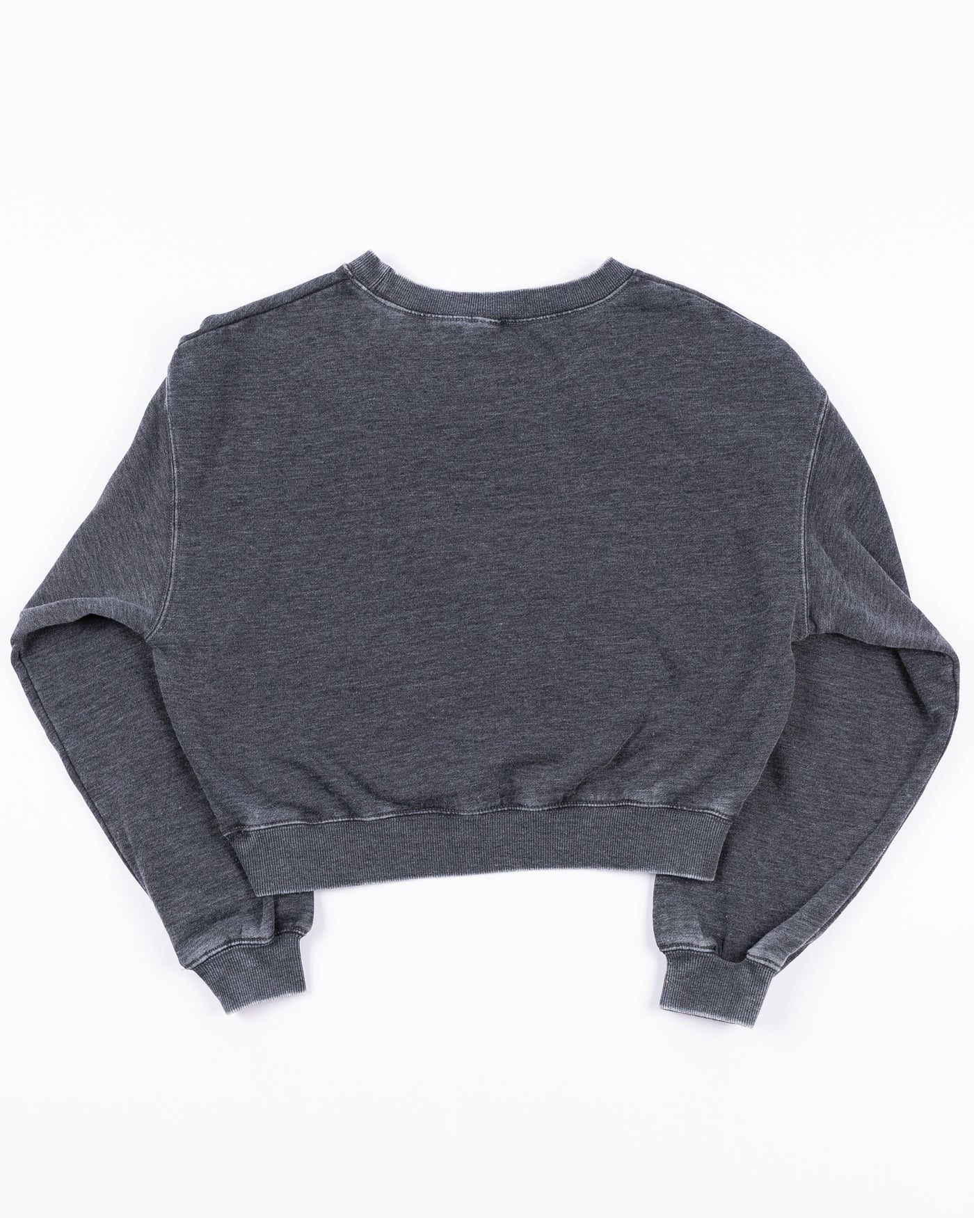 grey cropped chicka-d crewneck sweater with Chicago Blackhawks wordmark and primary logo across chest - back lay flat