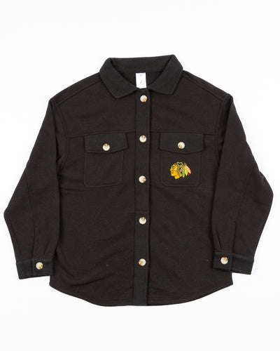 black women's Zoozatz shacket with Chicago Blackhawks primary logo on left chest pocket - front lay flat
