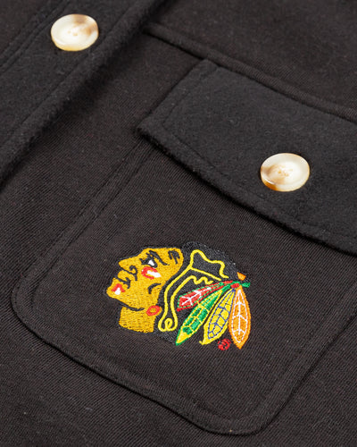 black women's Zoozatz shacket with Chicago Blackhawks primary logo on left chest pocket - detail lay flat
