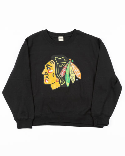 black ladies chicka-d crewneck with Chicago Blackhawks primary logo across chest - front lay flat