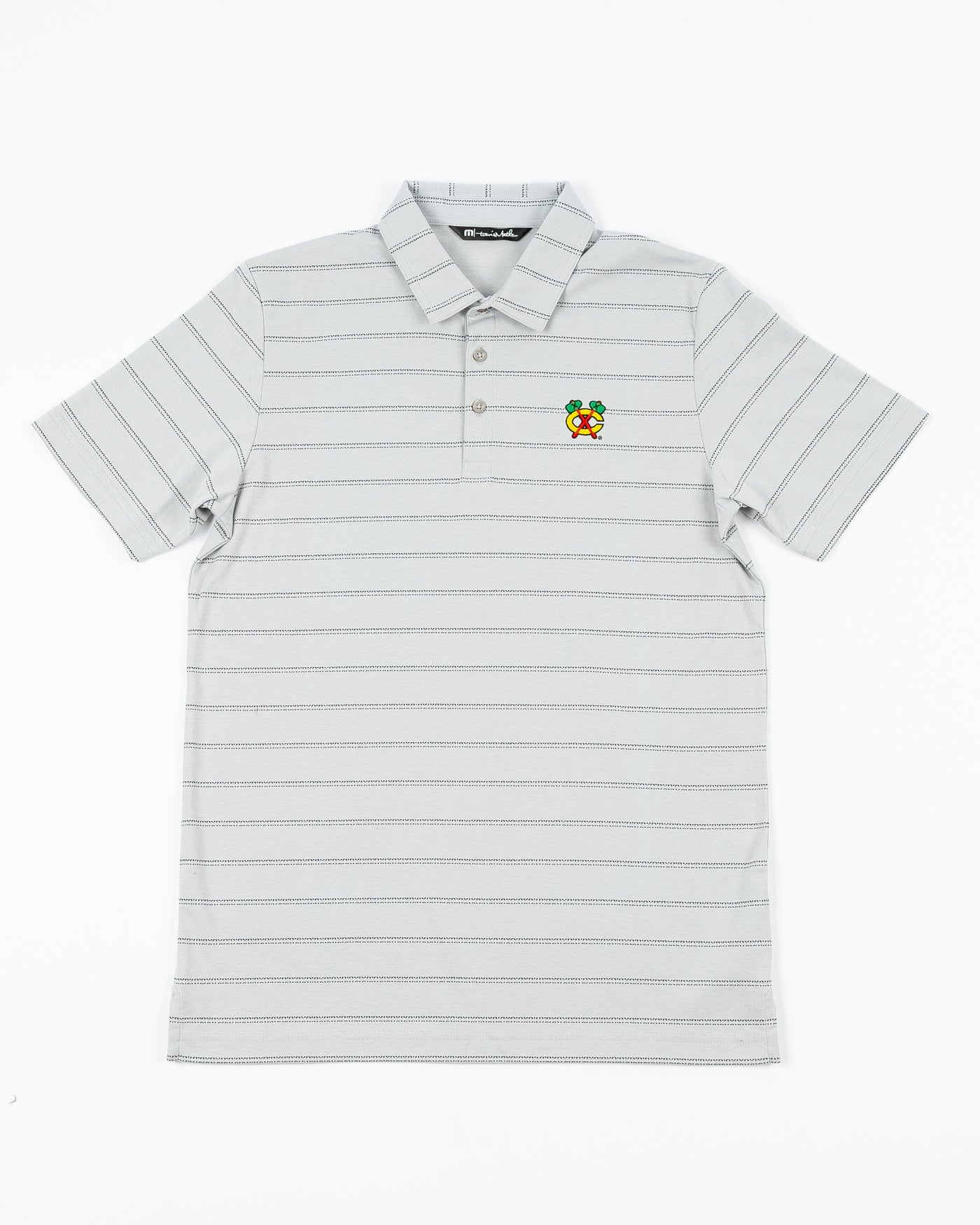 light grey TravisMathew stripe polo with Chicago Blackhawks secondary logo embroidered on left chest - front lay flat