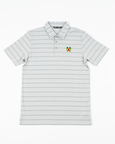 light grey TravisMathew stripe polo with Chicago Blackhawks secondary logo embroidered on left chest - front lay flat