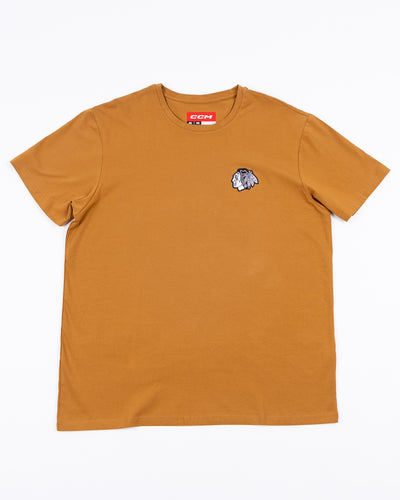 brown short sleeve CCM tee with Chicago Blackhawks tonal primary logo embroidered on left chest - front lay flat