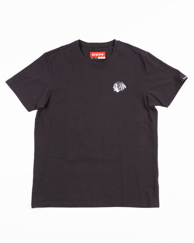 black CCM short sleeve tee with Chicago Blackhawks tonal primary logo embroidered on left chest - front lay flat