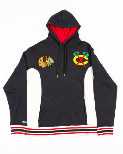 ribbed black Mitchell & Ness hoodie with embroidered chenille Chicago Blackhawks primary and secondary logos on chest - front lay flat