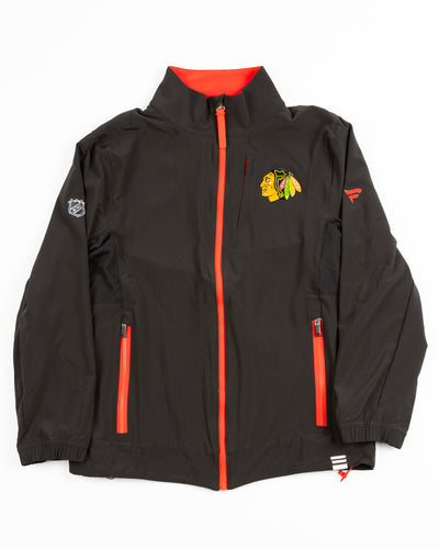 black Fanatics Authentic Pro 23 full zip jacket with Chicago Blackhawks primary logo on left chest and NHL logo and Fanatics logo on shoulders - front lay flat