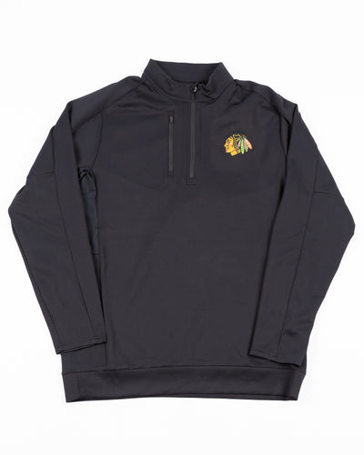 Antigua big and tall black Antigua quarter zip with embroidered Chicago Blackhawks primary logo on left chest - front lay flat