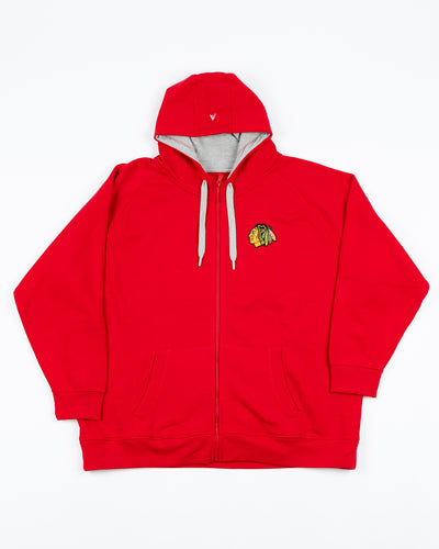 red big & tall Antigua full zip hoodie with embroidered Chicago Blackhawks primary logo on left chest - front lay flat