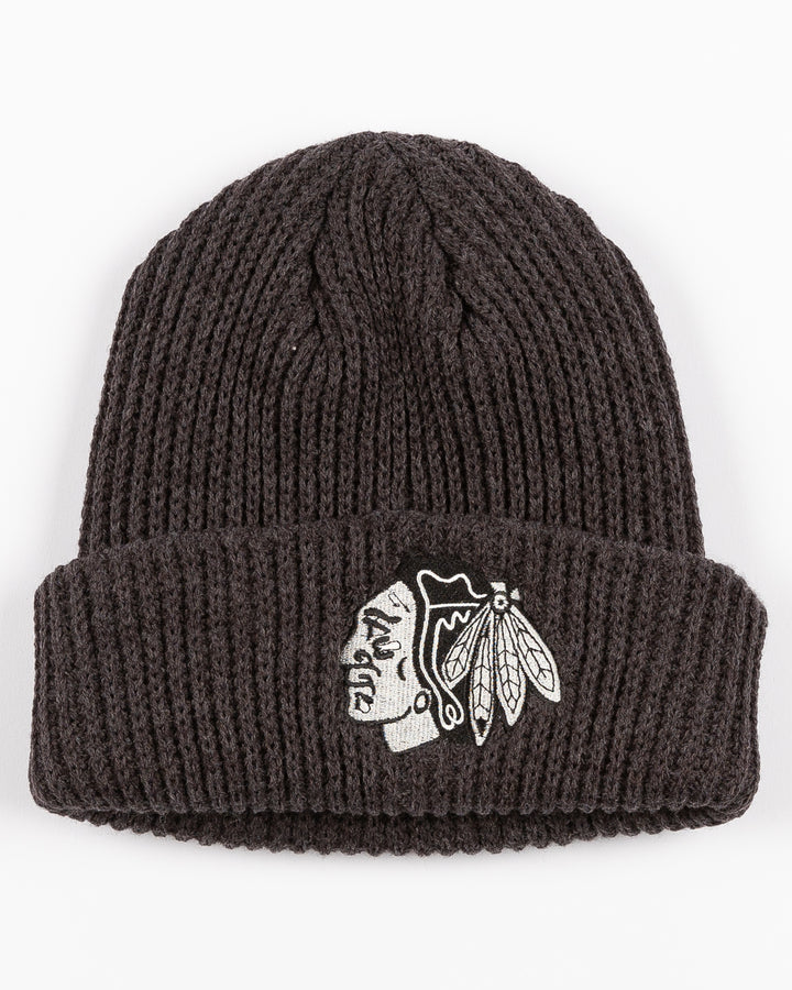 grey CCM watchman beanie with tonal Chicago Blackhawks primary logo on front cuff - front lay flat