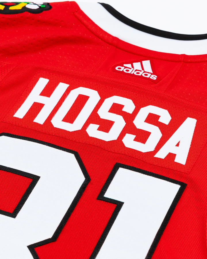 red adidas Chicago Blackhawks jersey of Marian Hossa - back detail  lay flat