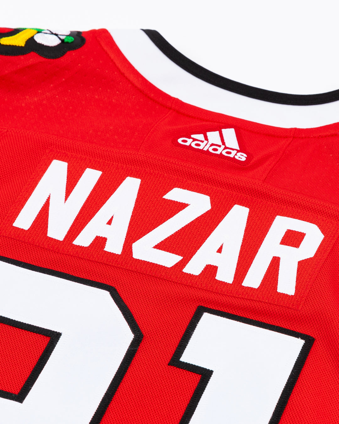 red adidas Chicago Blackhawks hockey jersey with stitched Frank Nazar name and number - back detail lay flat