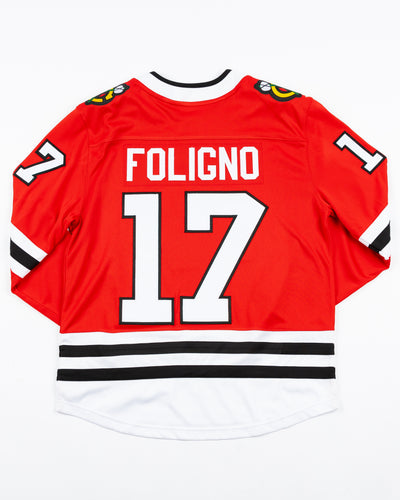 red Fanatics Chicago Blackhawks hockey jersey with stitched Nick Foligno name and number - back lay flat