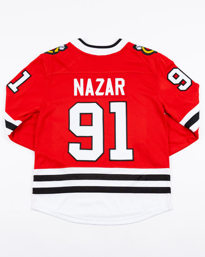 red Fanatics Chicago Blackhawks hockey jersey with stitched Frank Nazar name and number - back lay flat