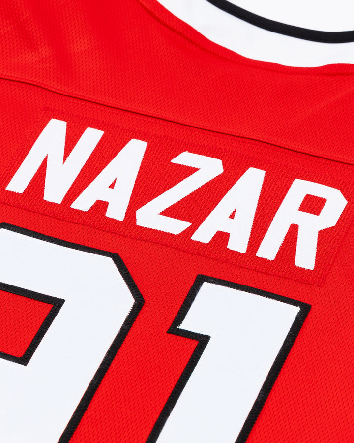 red Fanatics Chicago Blackhawks hockey jersey with stitched Frank Nazar name and number - back detail lay flat