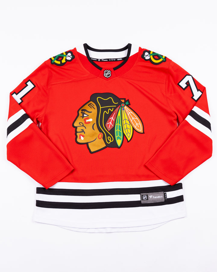 red Fanatics Chicago Blackhawks jersey with stitched Taylor Hall name and number - front lay flat