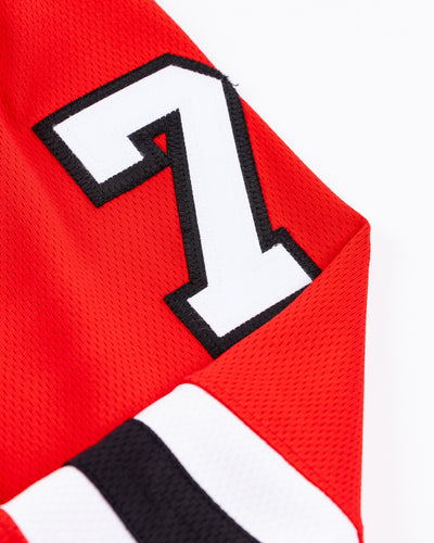 red Fanatics Chicago Blackhawks jersey with stitched Taylor Hall name and number - shoulder detail lay flat