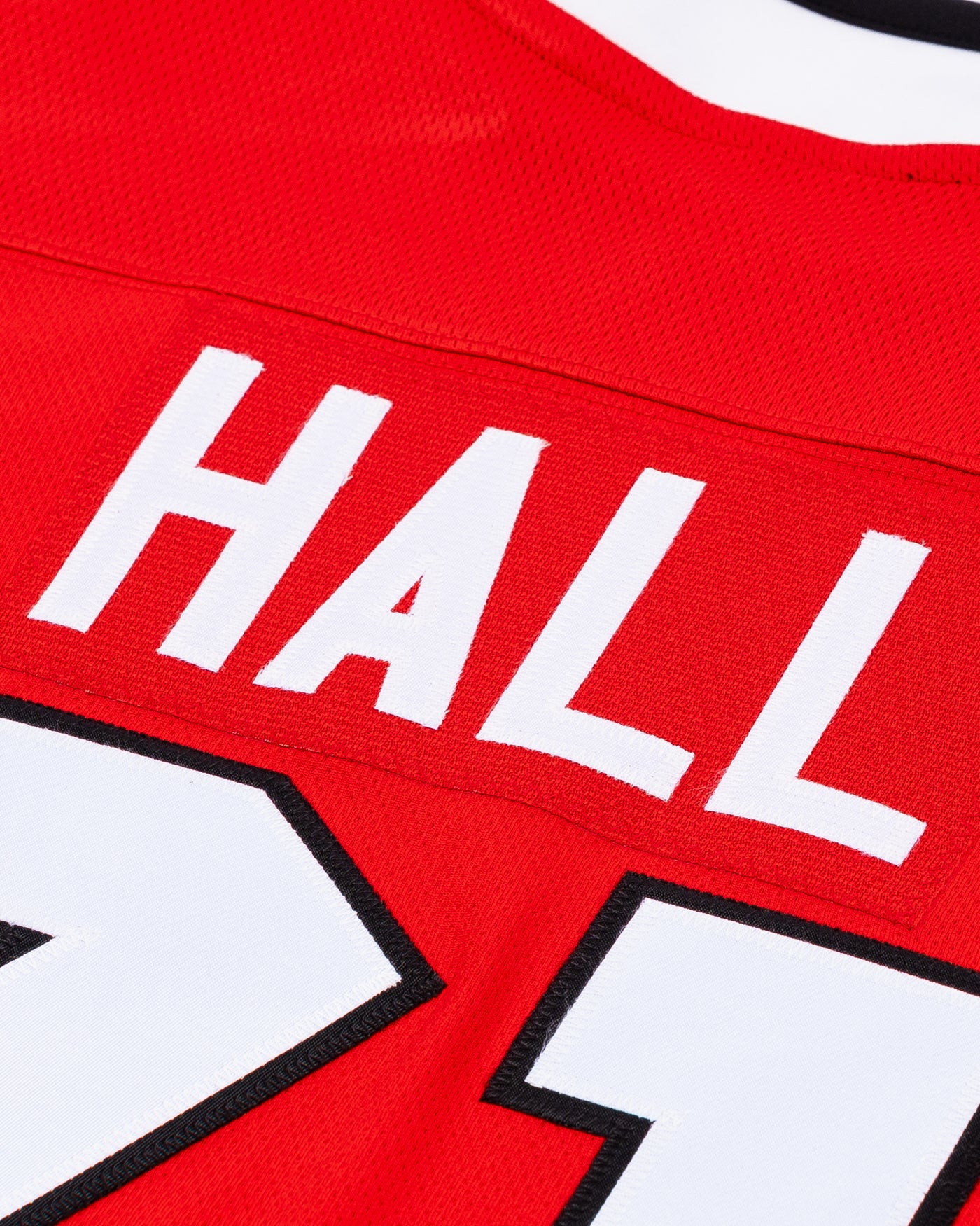 red Fanatics Chicago Blackhawks jersey with stitched Taylor Hall name and number - back detail lay flat