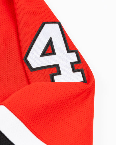 red Fanatics Chicago Blackhawks hockey jersey with stitched Seth Jones name and number - shoulder detail lay flat