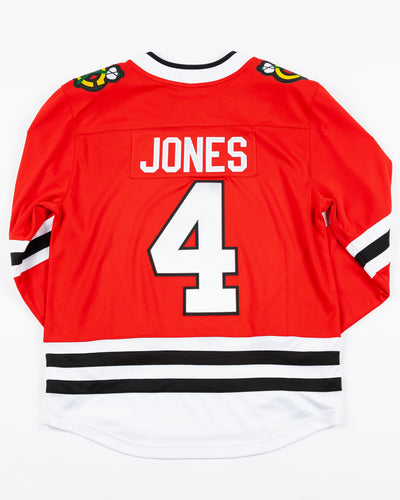 red Fanatics Chicago Blackhawks hockey jersey with stitched Seth Jones name and number - back lay flat