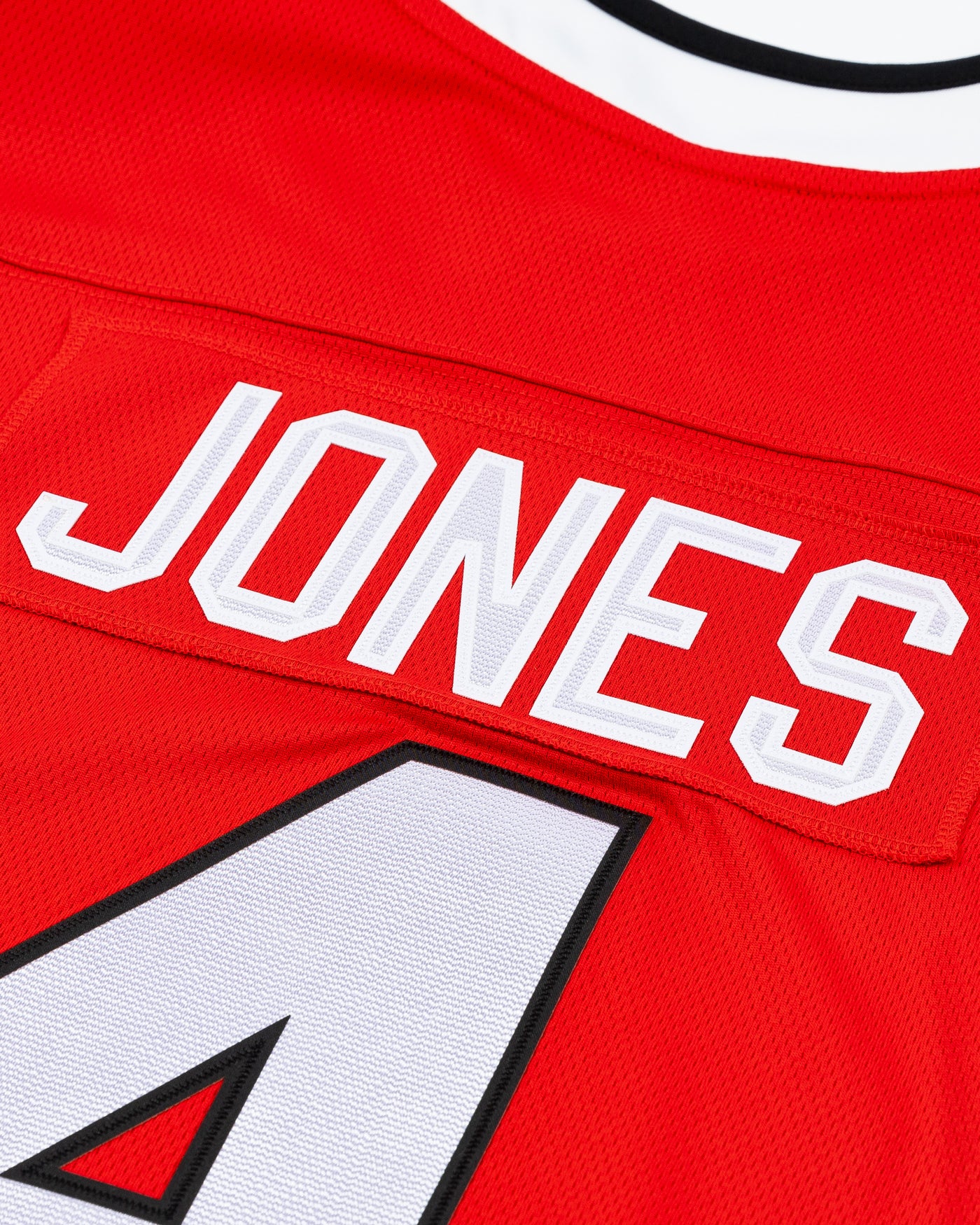 red Fanatics Chicago Blackhawks hockey jersey with stitched Seth Jones name and number - back detail lay flat