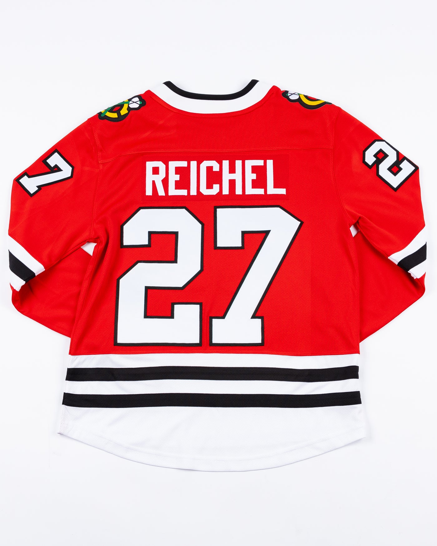 red Fanatics Chicago Blackhawks jersey with Lukas Reichel stitched name and number - back lay flat